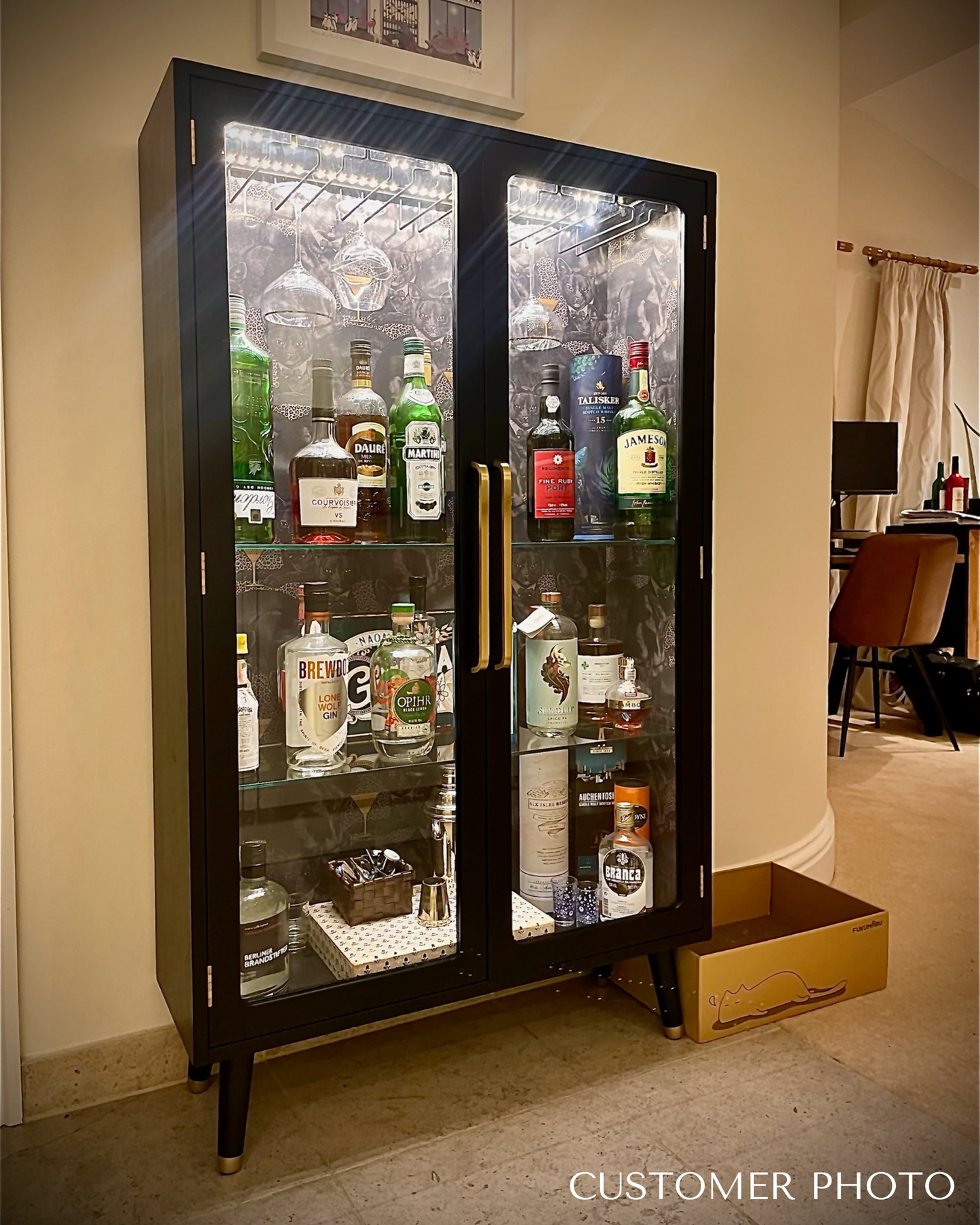G Plan Black & Gold Glass Fronted Display Drinks Cabinet in Divine Savages Cat-titude - *MADE TO ORDER*