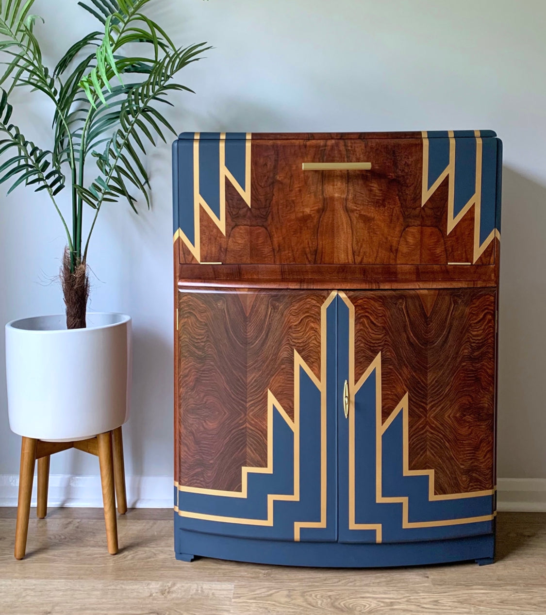 Vintage Walnut 1920s Art Deco Cocktail Cabinet - Bespoke Hand-Painted Design - Midnight Rising - Made to Order