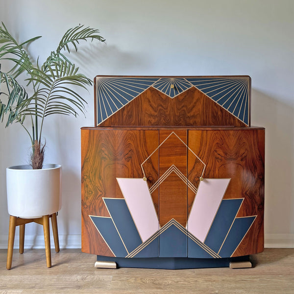 Large Vintage Walnut 1920s Art Deco Cocktail Cabinet - Bespoke Hand-Painted Pink & Blue Design - *MADE TO ORDER*