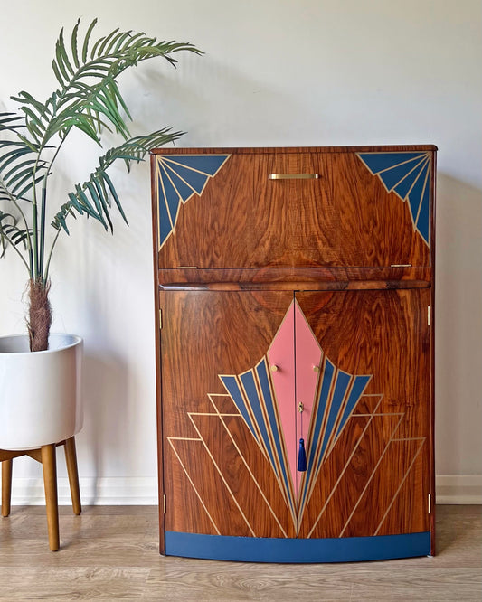 Vintage Walnut 1920s Art Deco Cocktail Cabinet - Bespoke Pink & Blue Hand-Painted Design - Made to Order