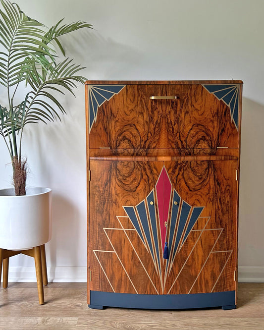 Vintage Walnut 1920s Art Deco Cocktail Cabinet - Bespoke Hand-Painted Design - Made to Order