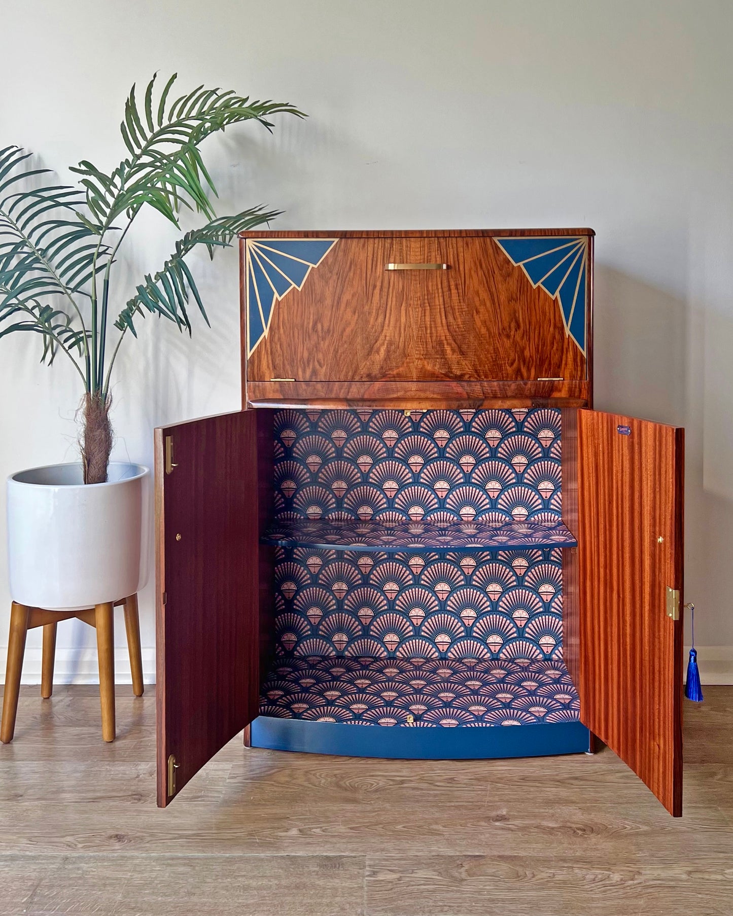 Vintage Walnut 1920s Art Deco Cocktail Cabinet - Bespoke Pink & Blue Hand-Painted Design - *MADE TO ORDER*