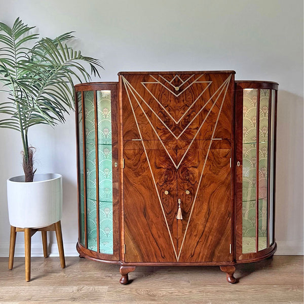 Art Deco Gatsby Walnut Geometric Drinks Display Cocktail Gin Wine Bar Cabinet