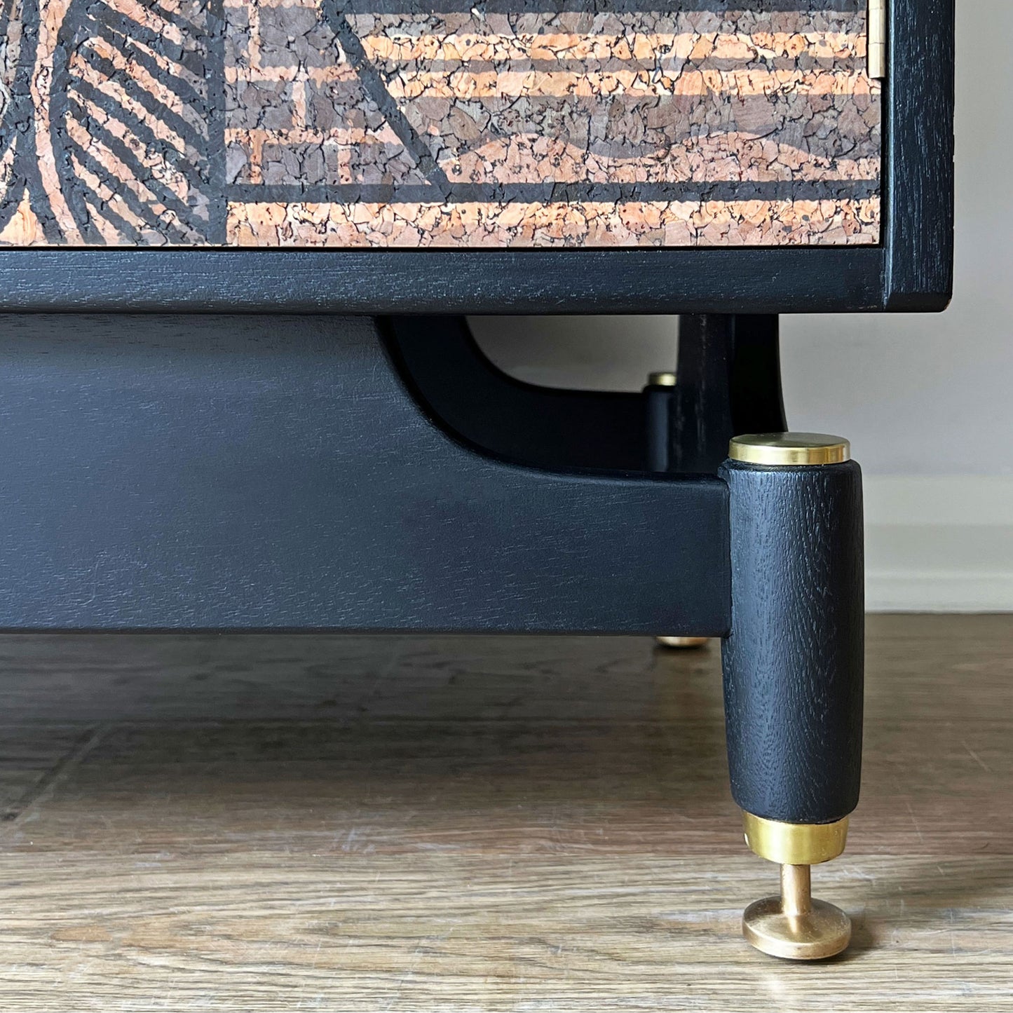 Restored brass hardware and original legs of the G Plan Librenza drinks cabinet, polished and lacquered for long-lasting elegance.