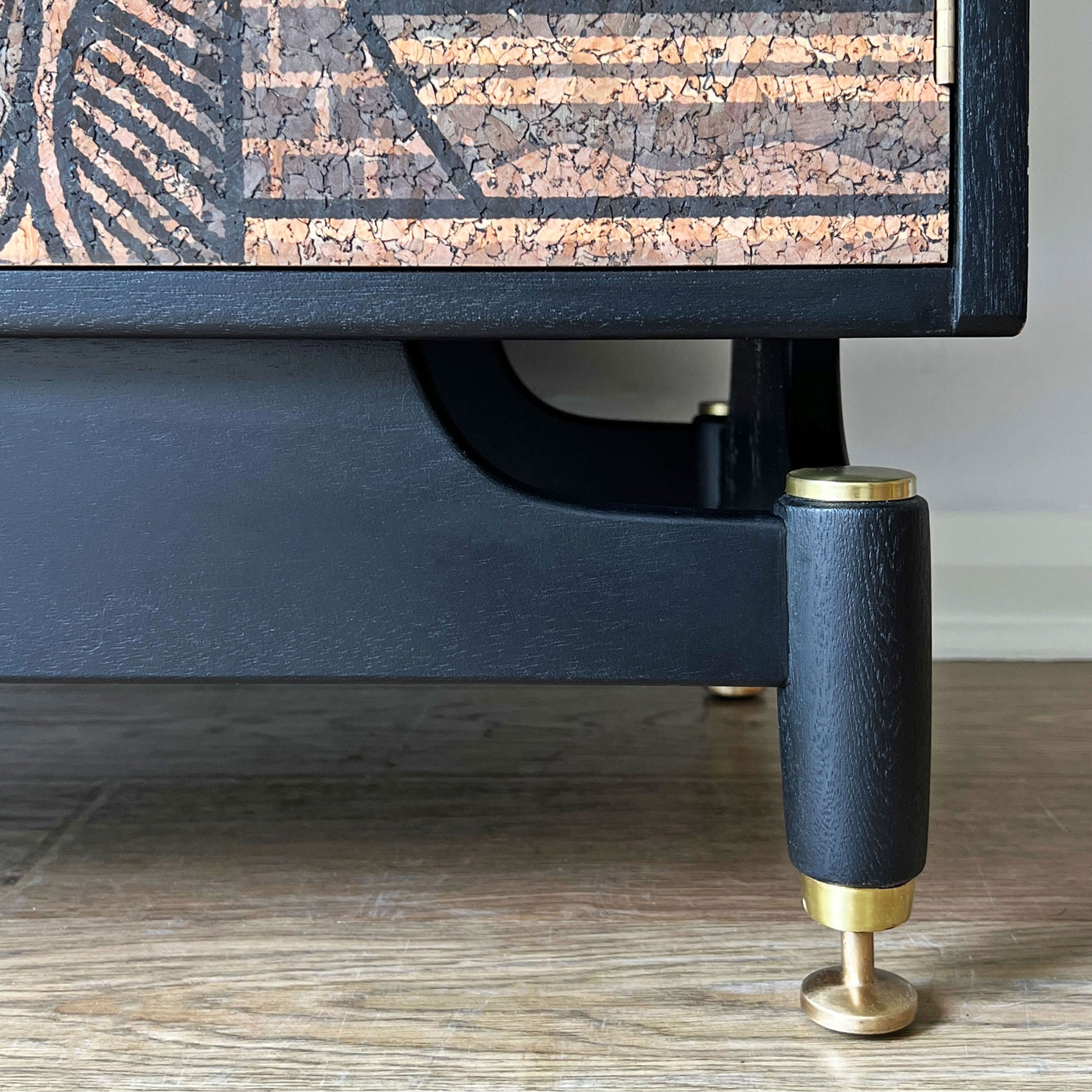 Restored brass hardware and original legs of the G Plan Librenza drinks cabinet, polished and lacquered for long-lasting elegance.