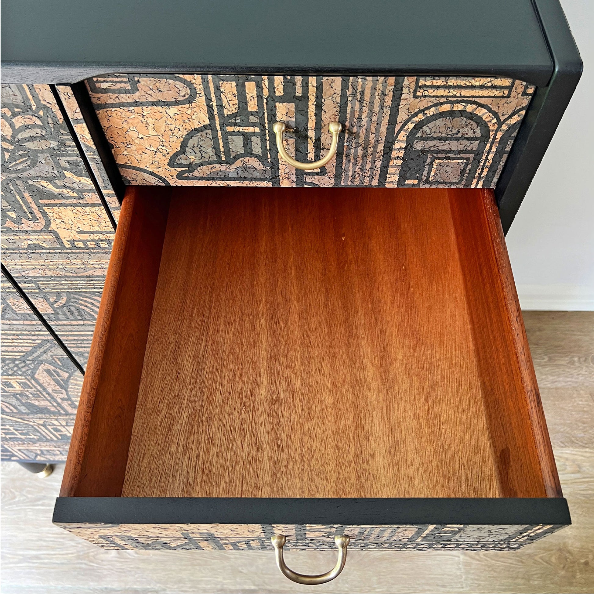 Refurbished drawers of the G Plan Librenza drinks cabinet.