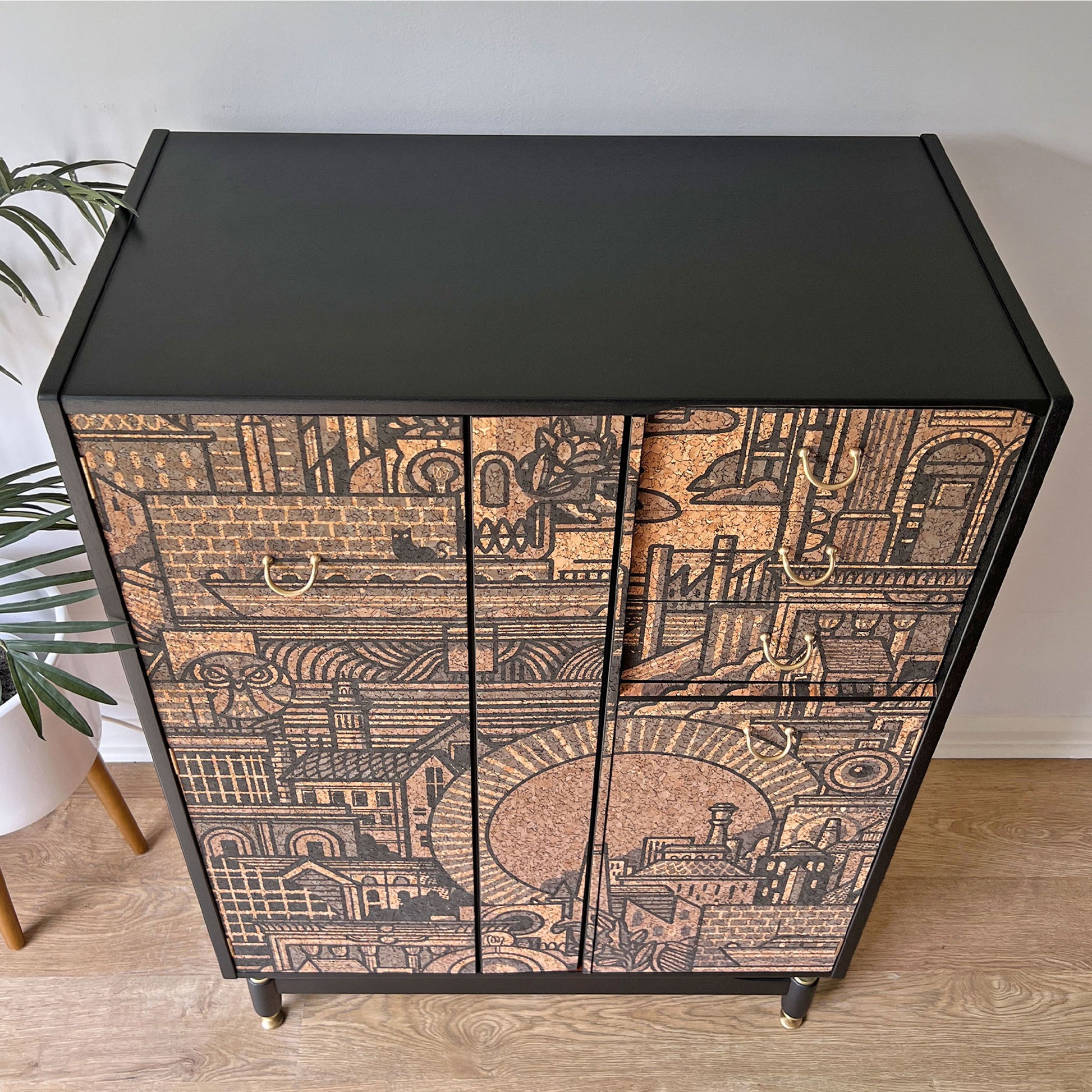 Top view of the G Plan Librenza drinks cabinet, painted in a sleek matte black finish for a modern contrast against the mid-century design.