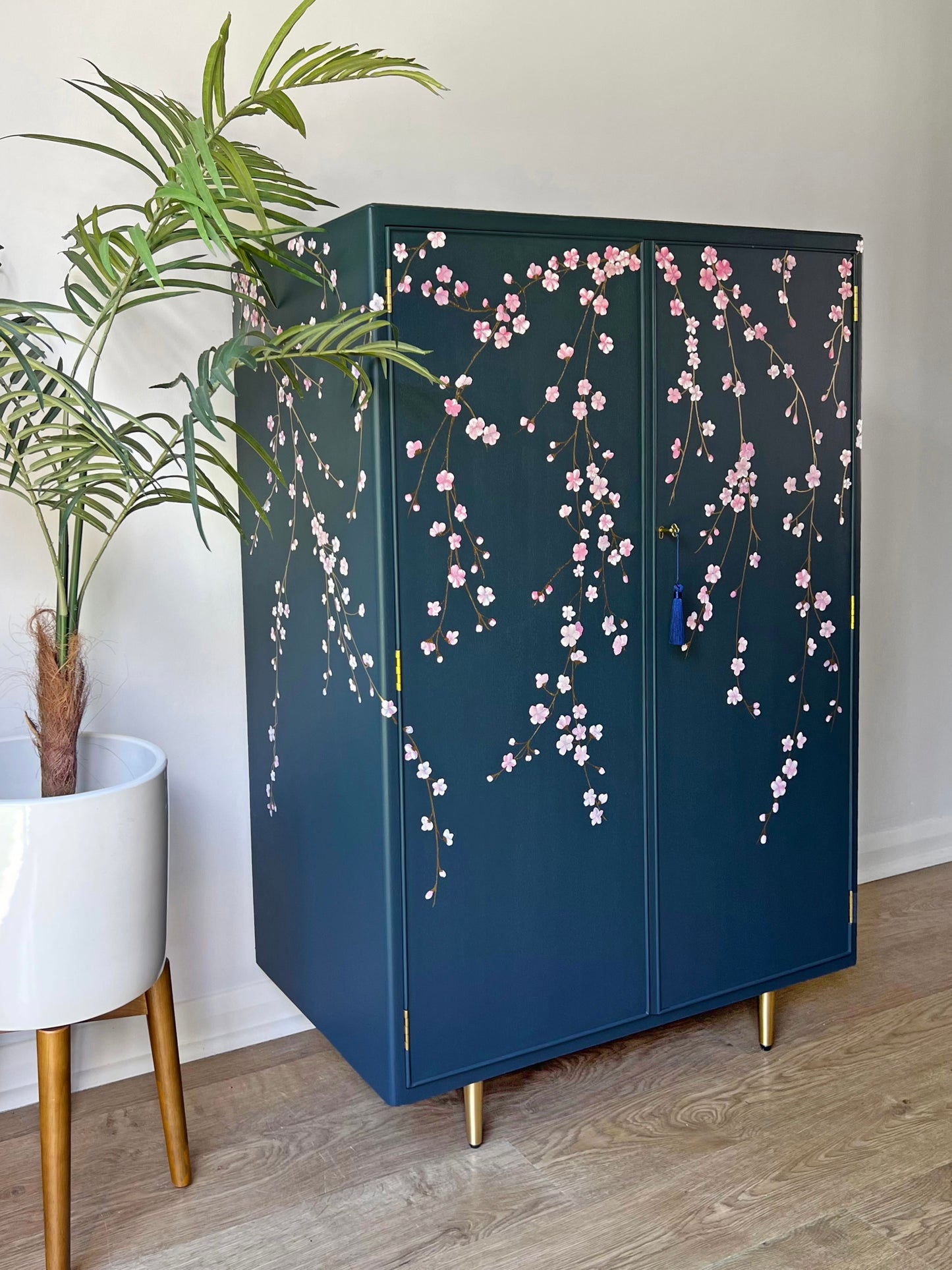 Vintage Large Blue Drinks Cocktail Cabinet Bar - Chinoiserie Cherry Blossoms - ‘Hanami’