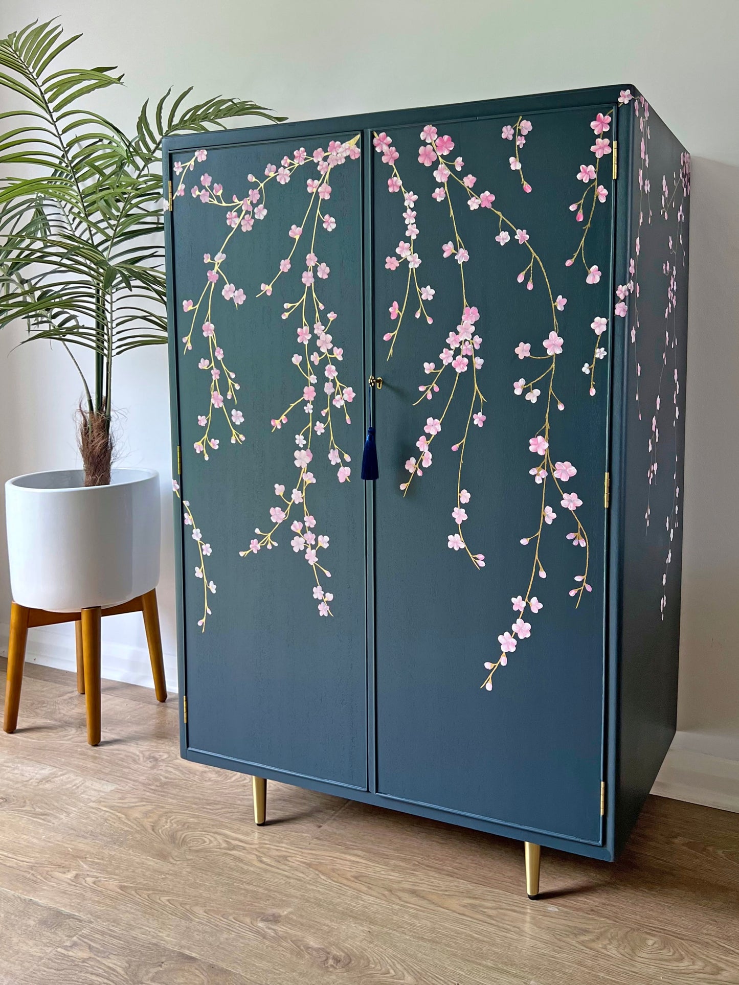 Vintage Large Blue Drinks Cocktail Cabinet Bar - Chinoiserie Cherry Blossoms - ‘Hanami’