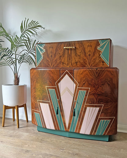 Large Vintage Walnut 1920s Art Deco Cocktail Cabinet - Bespoke Hand-Painted Pink & Green Design - Made to Order