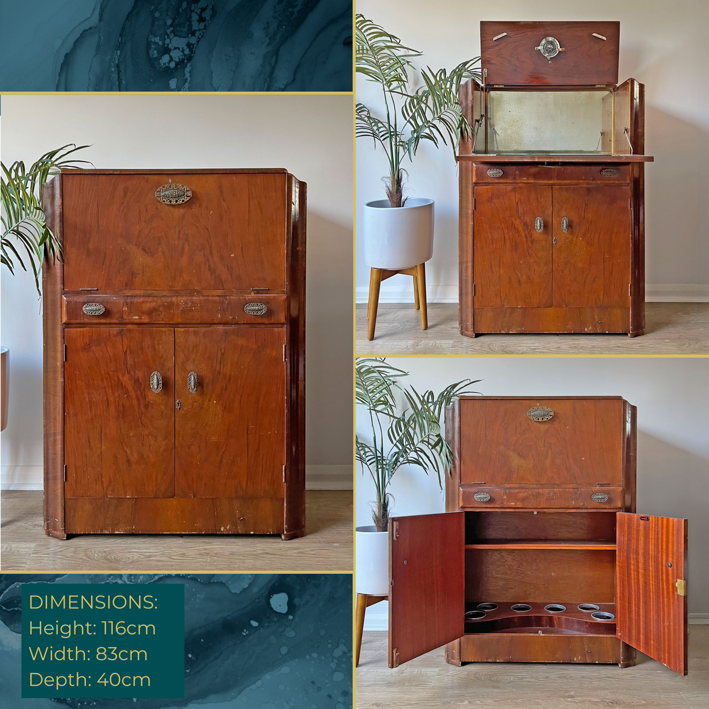Art Deco Gatsby Walnut Gold Geometric Drinks Cocktail Whiskey Cabinet - *MADE TO ORDER*