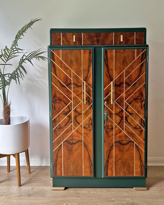 Large Art Deco Walnut Drinks Cocktail Gin Wine Bar Cabinet in Green & Gold - MADE TO ORDER