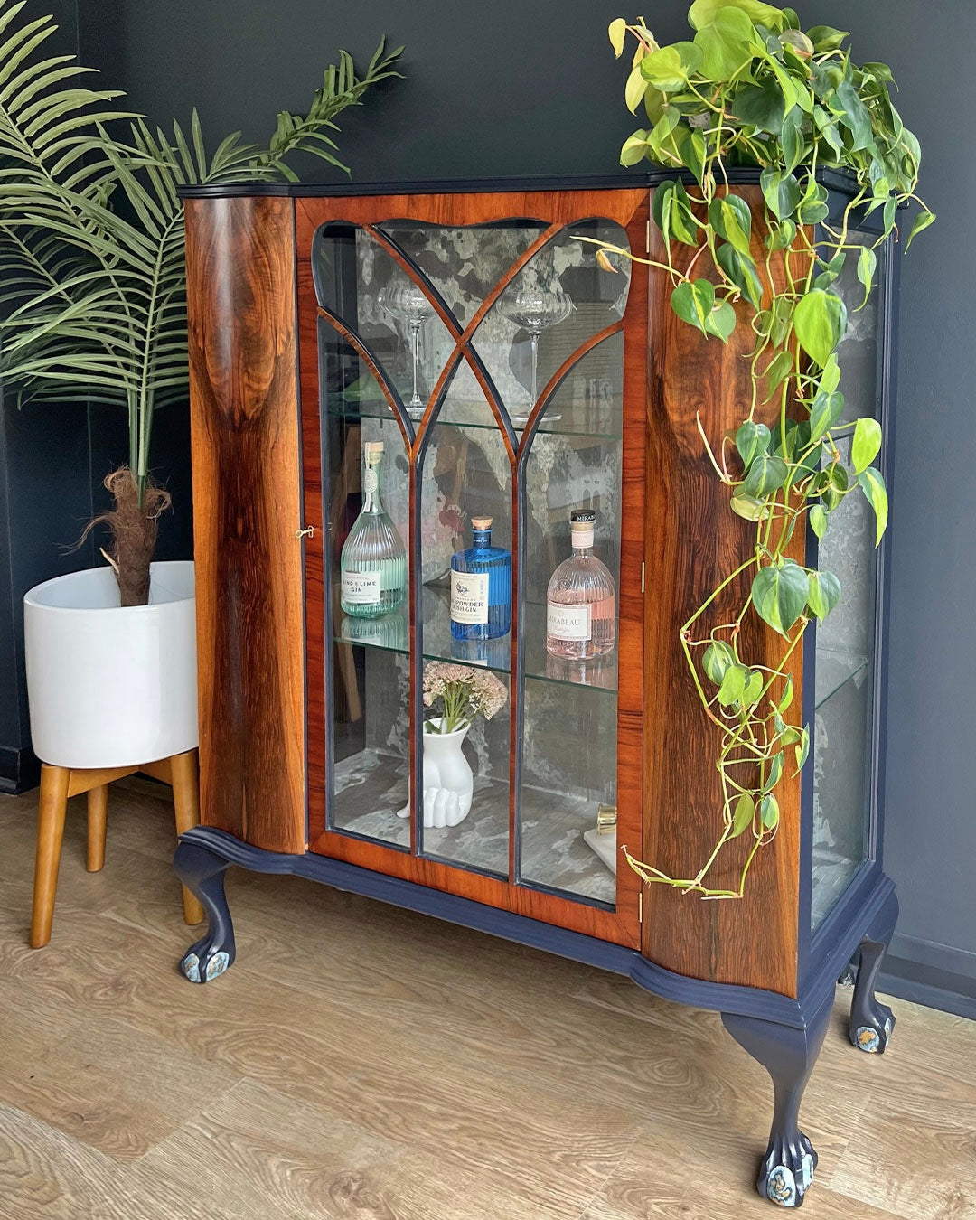 Large Vintage Walnut Display Glass Drinks Cabinet - Timorous Beasties Rorschach - ‘The Archivist’