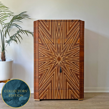 Luxury Art Deco Gold Starburst Walnut Drinks Cocktail Cabinet - ‘The Supernova’