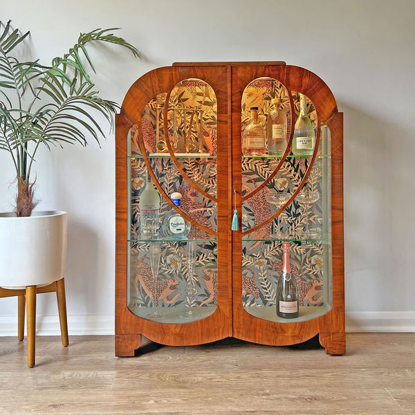 Vintage Art Deco Walnut Glazed Display Drinks Cabinet with Luxurious Sage Green Velvet Interior