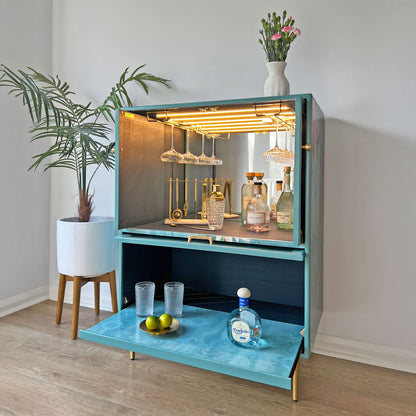 One-of-a-kind G Plan Fresco Drinks Cocktail Cabinet - Aqua Blue - Trailing Orchids - ‘The Humming Hour’