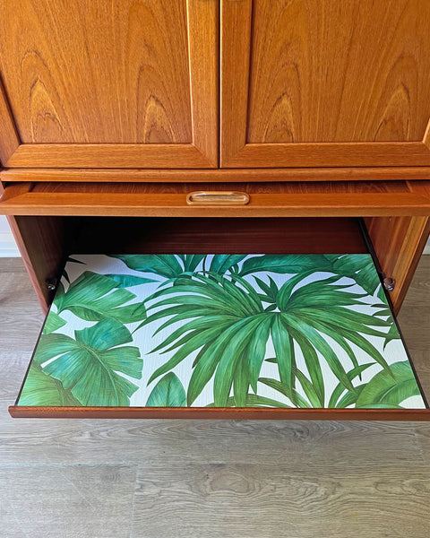 Vintage Mid Century G Plan Fresco Drinks Cocktail Cabinet on Wooden Legs - Tropical Palms