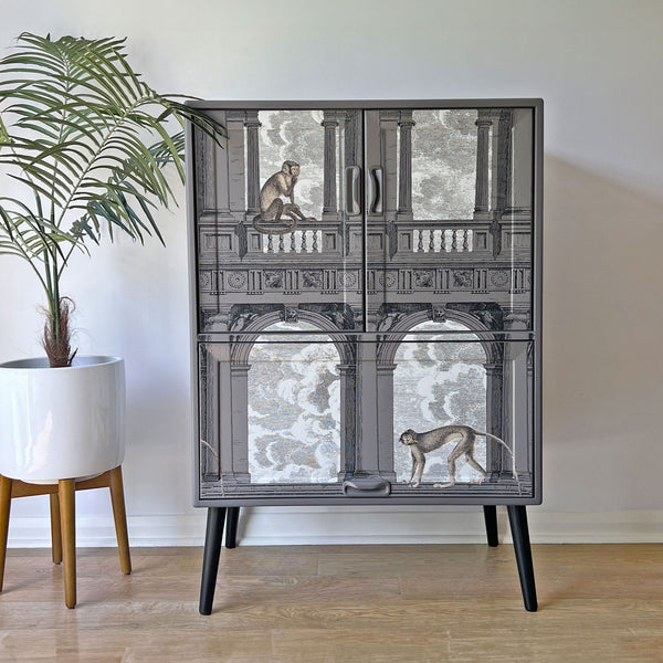 Vintage Mid Century G Plan Fresco Drinks Cocktail Cabinet - Grey Fornasetti Procuratie Con Vista - *MADE TO ORDER*