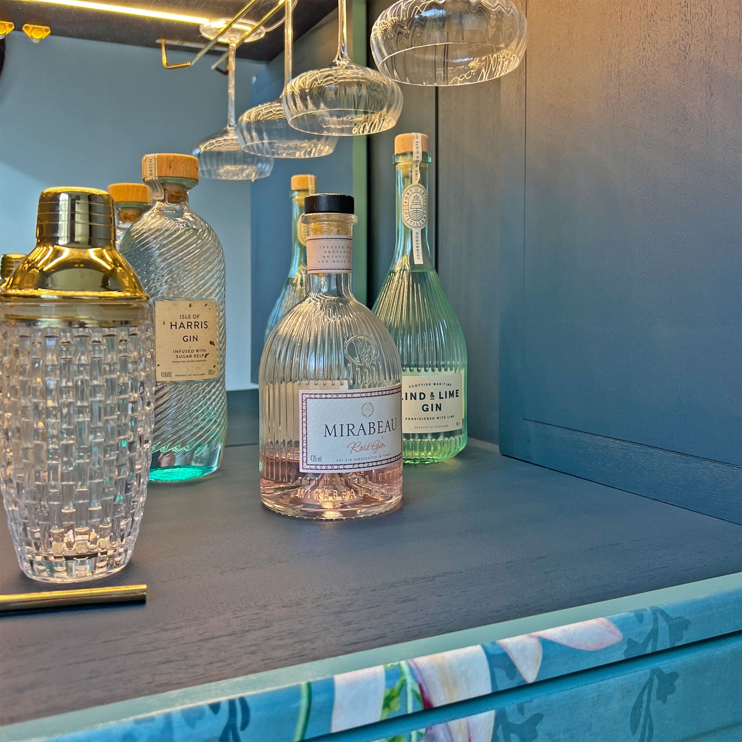 One-of-a-kind G Plan Fresco Drinks Cocktail Cabinet - Aqua Blue - Trailing Orchids - ‘The Humming Hour’