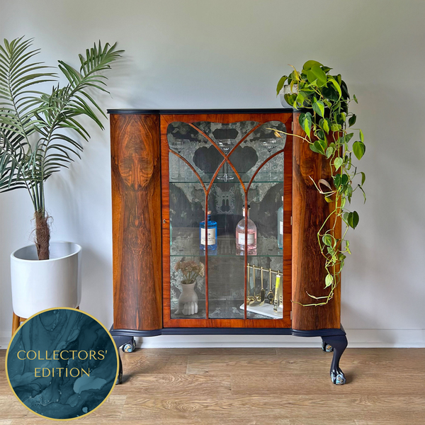 Large Vintage Walnut Display Glass Drinks Cabinet - Timorous Beasties Rorschach - ‘The Archivist’