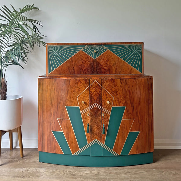 Large Vintage Walnut 1920s Art Deco Cocktail Cabinet - Bespoke Hand-Painted Design - *MADE TO ORDER*