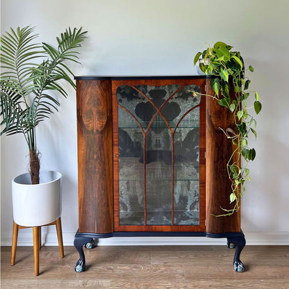 Large Vintage Walnut Display Glass Drinks Cabinet - Timorous Beasties Rorschach - ‘The Archivist’