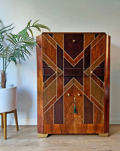Art Deco Gatsby Walnut Gold Geometric Drinks Cocktail Whiskey Cabinet