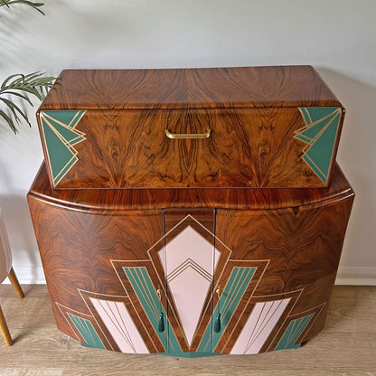 Large Vintage Walnut 1920s Art Deco Cocktail Cabinet - Bespoke Hand-Painted Design - *MADE TO ORDER*