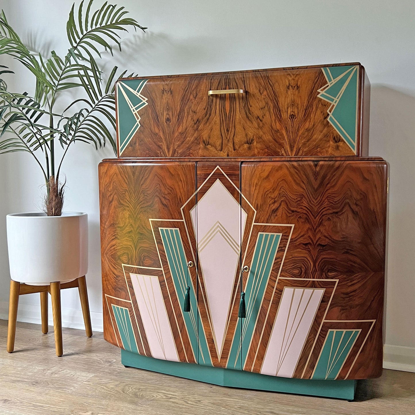 Large Vintage Walnut 1920s Art Deco Cocktail Cabinet - Bespoke Hand-Painted Design - *MADE TO ORDER*