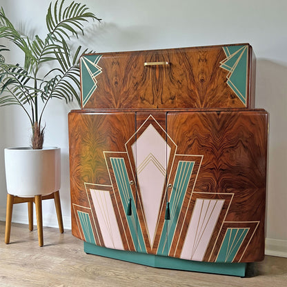 Large Vintage Walnut 1920s Art Deco Cocktail Cabinet - Bespoke Hand-Painted Design - *MADE TO ORDER*