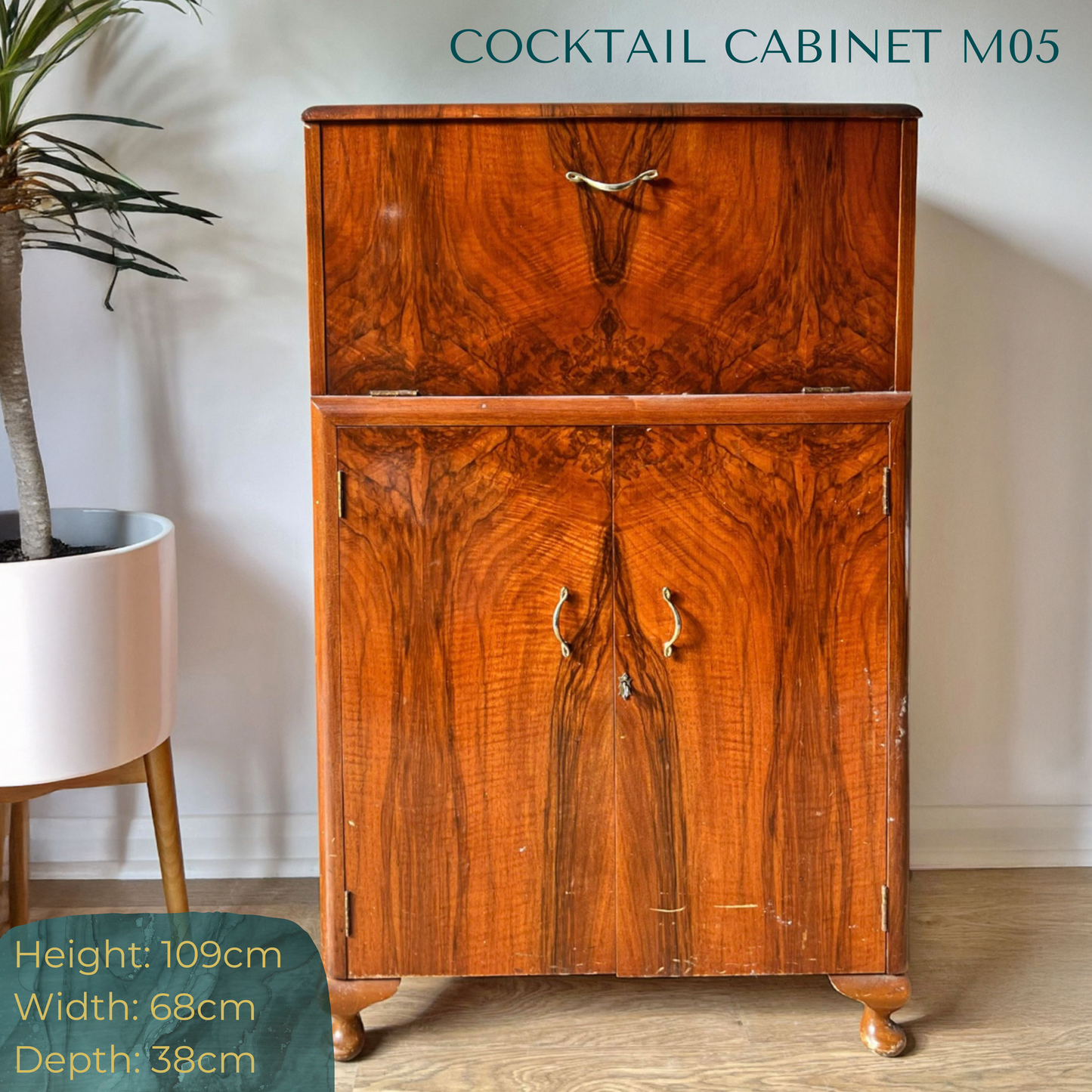 Art Deco Walnut Drinks Cocktail Gin Wine Bar Cabinet - Green & Gold  *MADE TO ORDER*
