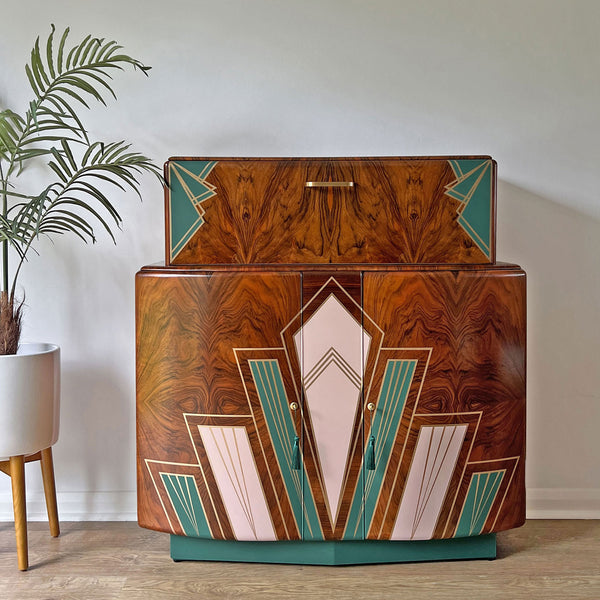 Large Vintage Walnut 1920s Art Deco Cocktail Cabinet - Bespoke Hand-Painted Design - *MADE TO ORDER*