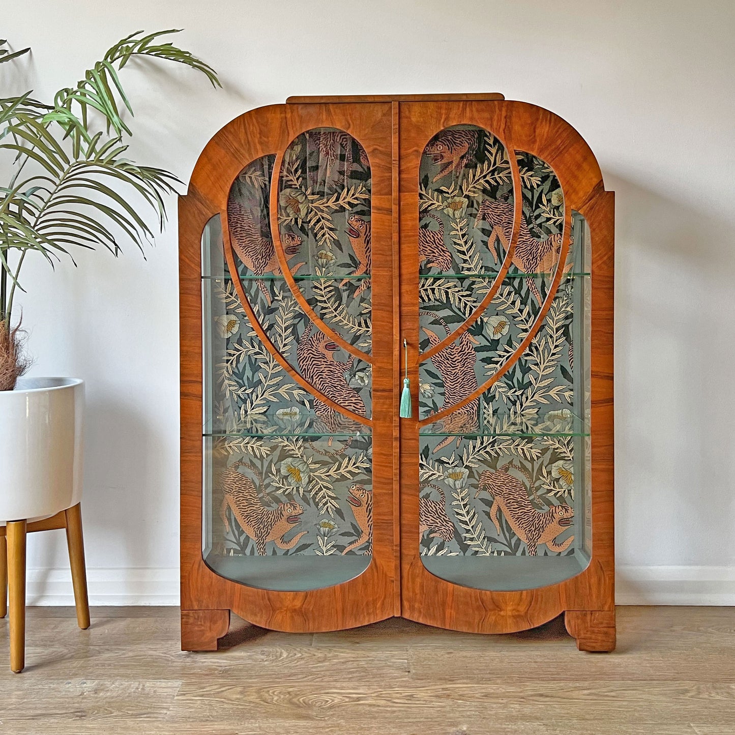 Vintage Art Deco Walnut Glazed Display Drinks Cabinet with Luxurious Sage Green Velvet Interior