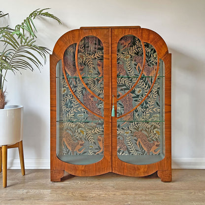 Vintage Art Deco Walnut Glazed Display Drinks Cabinet with Luxurious Sage Green Velvet Interior