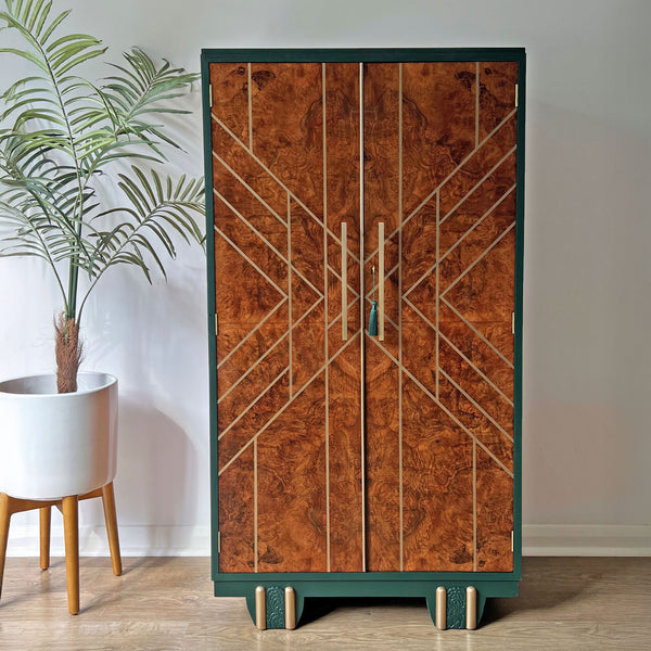 Large Art Deco Walnut Drinks Cocktail Gin Wine Bar Cabinet in Green & Gold - *MADE TO ORDER*