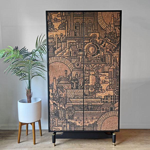 G Plan Librenza Gentleman's Wardrobe in Drew Millward 'Hit The North' Cork Design - MADE TO ORDER