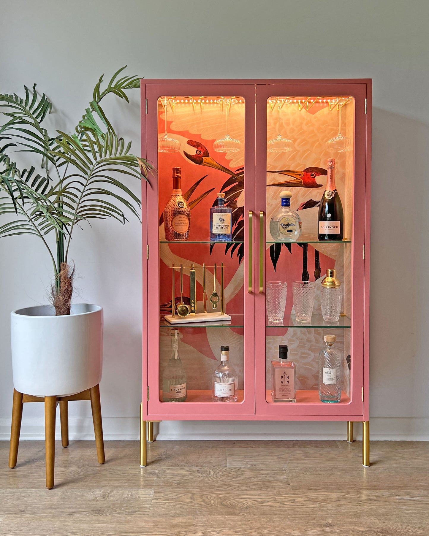 G Plan Modern Glass Display Drinks Cocktail Cabinet - Pink Gucci Herons - Made To Order