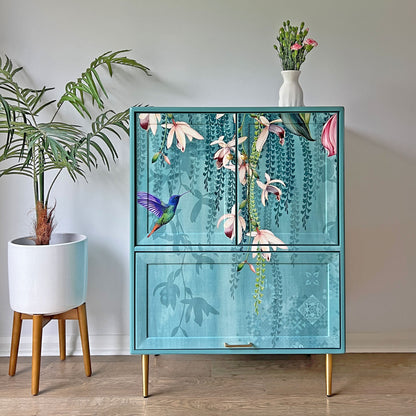 One-of-a-kind G Plan Fresco Drinks Cocktail Cabinet - Aqua Blue - Trailing Orchids - ‘The Humming Hour’