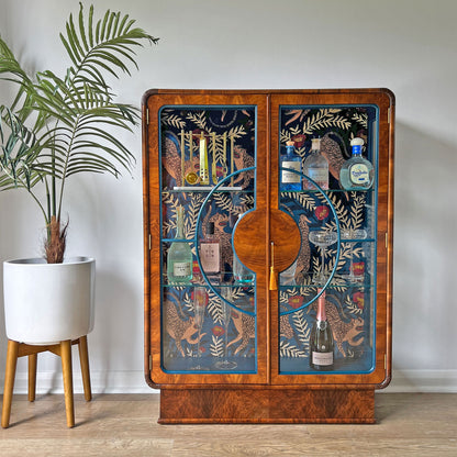 Vintage Art Deco Walnut Glazed Display Drinks Cabinet with Luxurious Velvet Interior - *MADE TO ORDER*