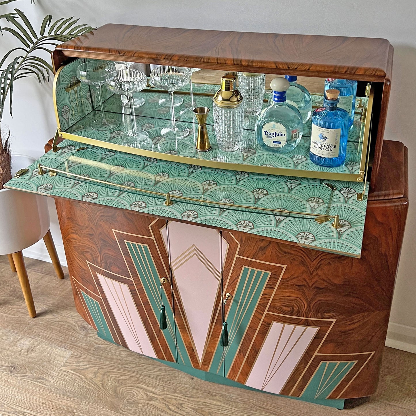 Large Vintage Walnut 1920s Art Deco Cocktail Cabinet - Bespoke Hand-Painted Design - *MADE TO ORDER*