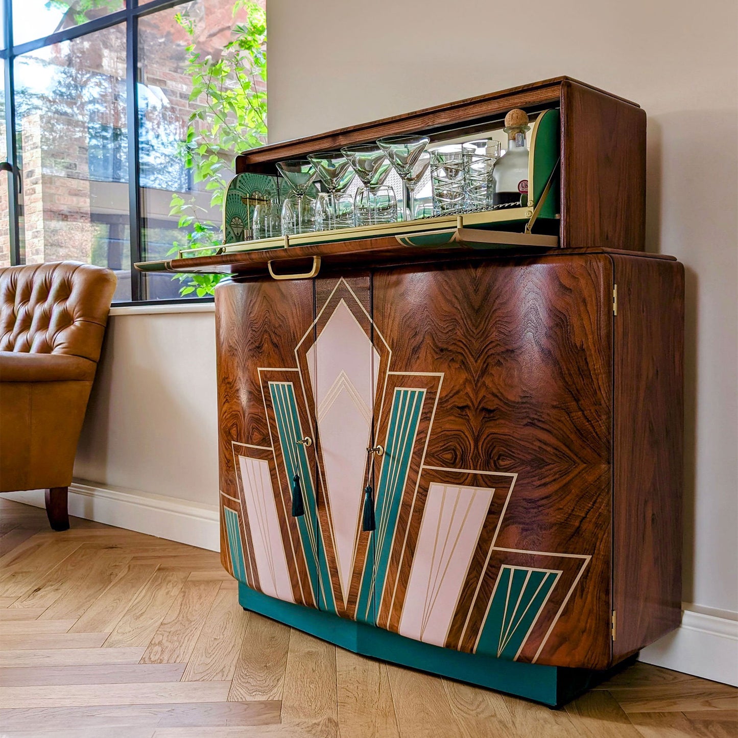 Large Vintage Walnut 1920s Art Deco Cocktail Cabinet - Bespoke Hand-Painted Design - *MADE TO ORDER*
