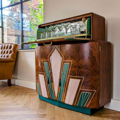 Large Vintage Walnut 1920s Art Deco Cocktail Cabinet - Bespoke Hand-Painted Design - *MADE TO ORDER*