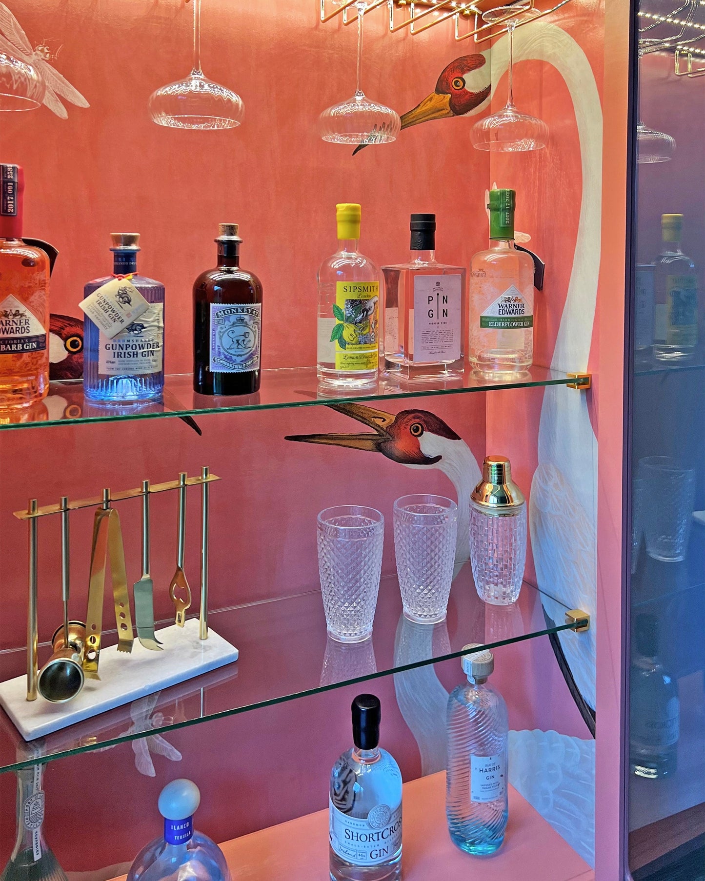 G Plan Modern Glass Display Drinks Cocktail Cabinet - Pink Gucci Herons - *MADE TO ORDER*