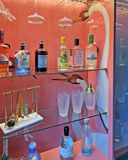 G Plan Modern Glass Display Drinks Cocktail Cabinet - Pink Gucci Herons - *MADE TO ORDER*