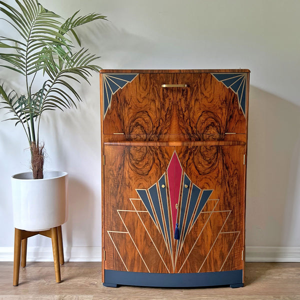Vintage Walnut 1920s Art Deco Cocktail Cabinet - Bespoke Hand-Painted Design - *MADE TO ORDER*