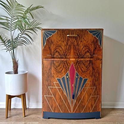 Vintage Walnut 1920s Art Deco Cocktail Cabinet - Bespoke Hand-Painted Design - *MADE TO ORDER*