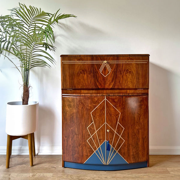Vintage Walnut 1920s Art Deco Cocktail Cabinet - Bespoke Hand-Painted Design - *MADE TO ORDER*