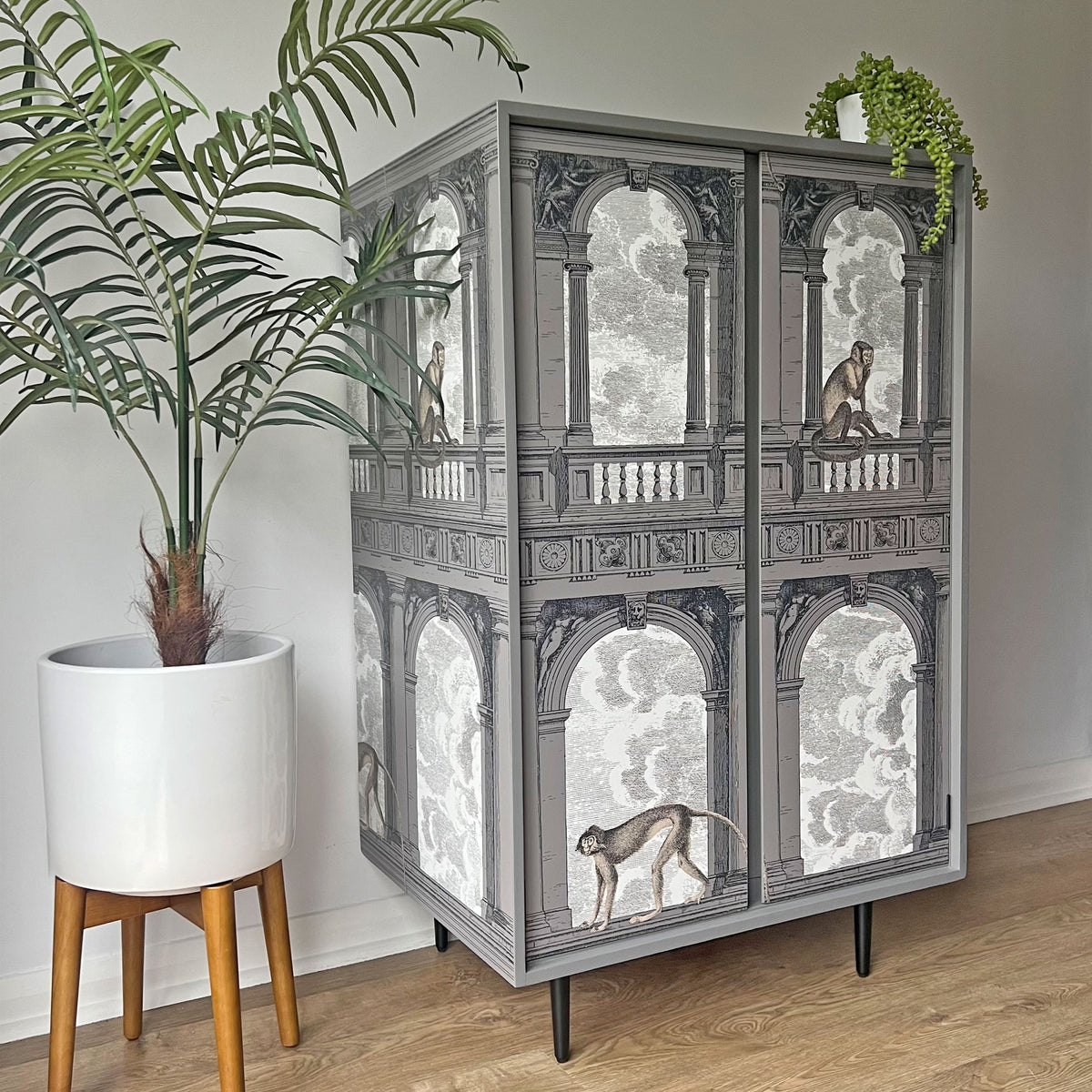 Grey Fornasetti Procuratie Con Vista 
Drinks Cabinet & Whiskey Bar Storage - ‘Mischief in Monochrome’