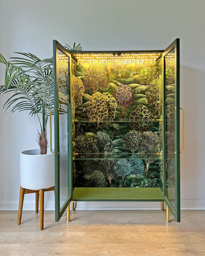 Green G Plan Modern Glass Display Drinks Cocktail Cabinet - Cole & Son Forest - Made To Order