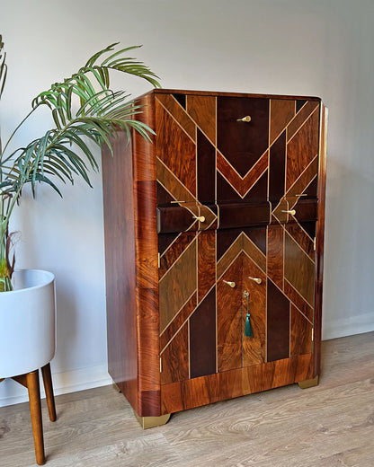 Art Deco Gatsby Walnut Gold Geometric Drinks Cocktail Whiskey Cabinet - MADE TO ORDER